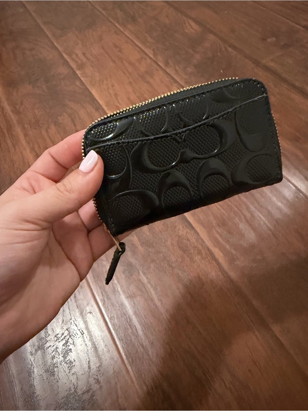 Coach Black Patent Signature Zip Card Holder